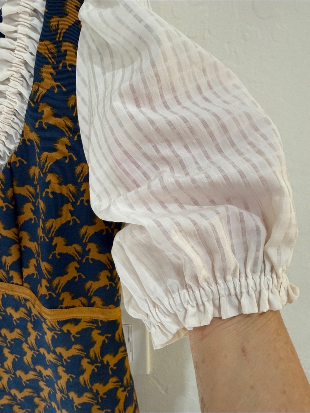 Maeve Navy and Mustard Printed Horse Mini Dress with Ivory Puff Sleeves - Picture 6 of 10